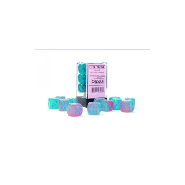 Gemini 16mm d6 Gel Green-Pink/blue Luminary Dice Block (12 dice)