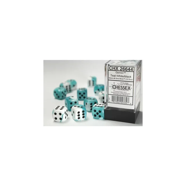 Gemini 16mm d6 Teal-White / Black Dice Block (12 dice)