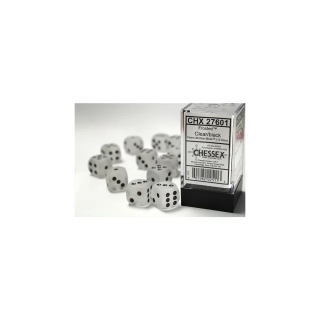 Frosted 16mm d6 Clear / Black Dice Block (12 dice)