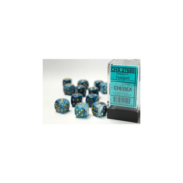 Phantom 16mm d6 Teal / Gold Dice Block (12 dice)